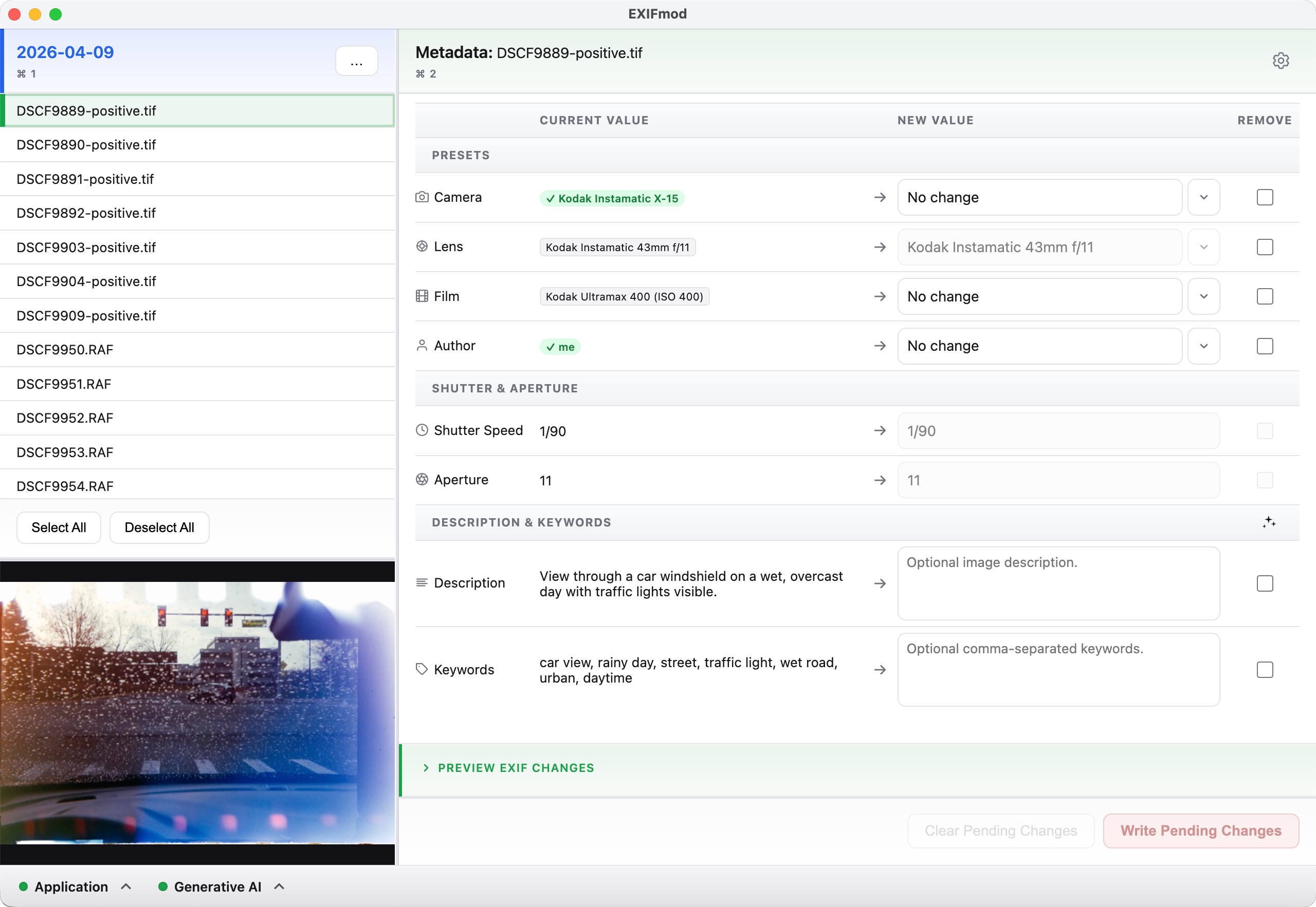 EXIFmod main interface showing metadata editing panel